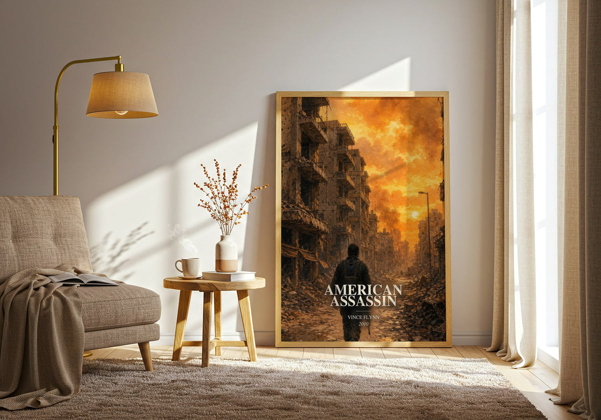 American Assassin watercolour print in frame leaning in hallway – thriller wall art (mockup)
