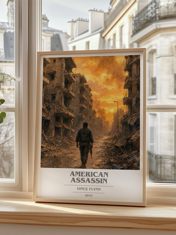 American Assassin Book Cover Poster by Vince Flynn – framed print by a bright window