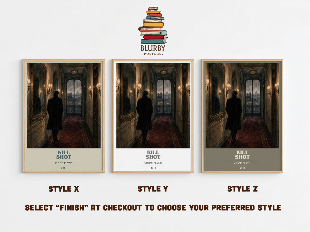 Kill Shot book cover print in frame leaning in hallway – thriller wall art (mockup)