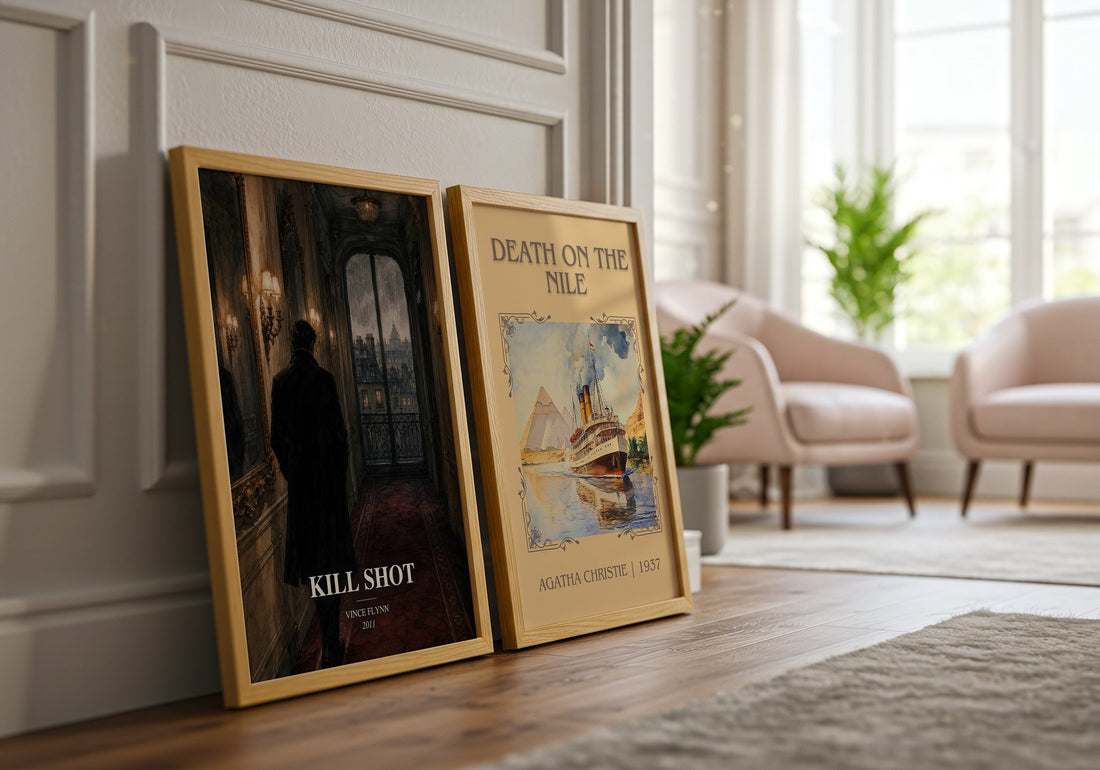 Kill Shot watercolour print framed by window – literary home decor