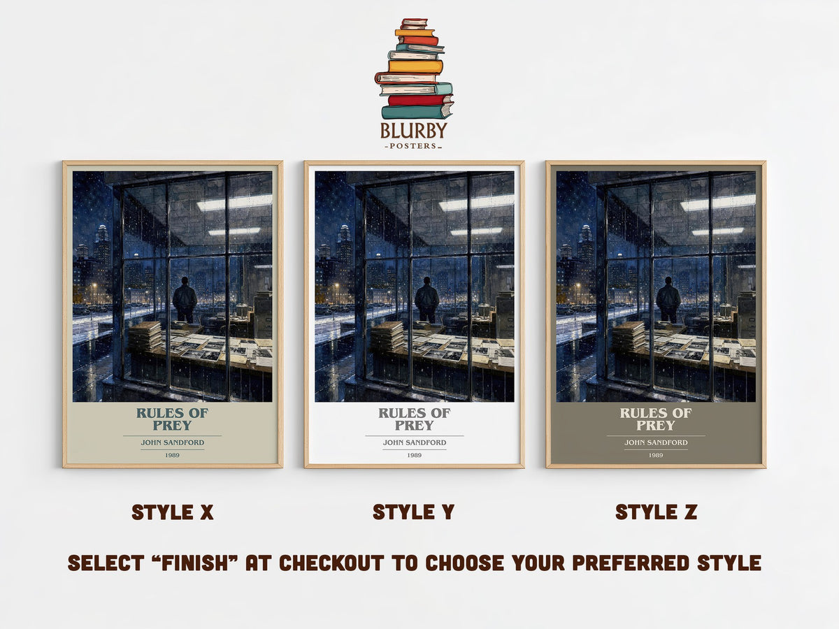 Rules of Prey book cover print in frame leaning in hallway – crime wall art (mockup)