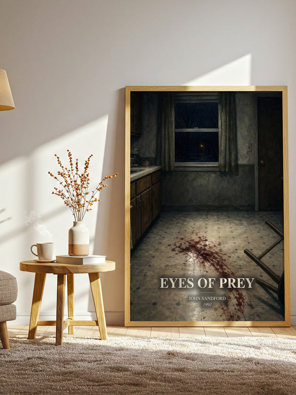 Eyes of Prey watercolour print in frame leaning in hallway – crime wall art