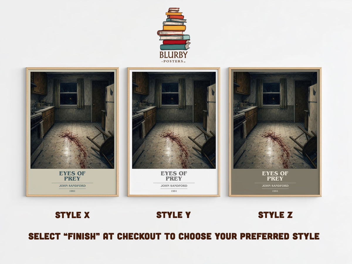 Eyes of Prey book cover print in frame leaning in hallway – crime wall art (mockup)