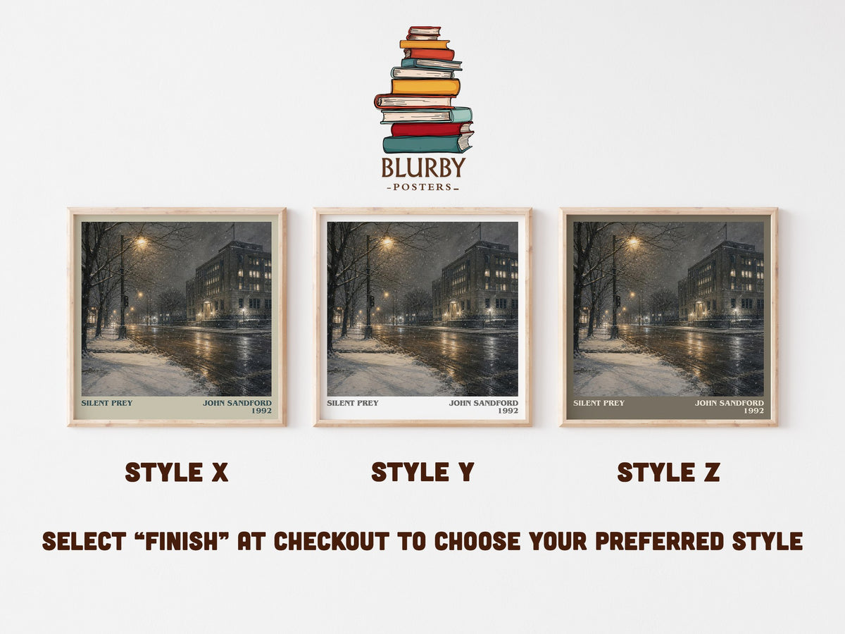 Silent Prey literary print in frame leaning in hallway – thriller wall art (mockup)
