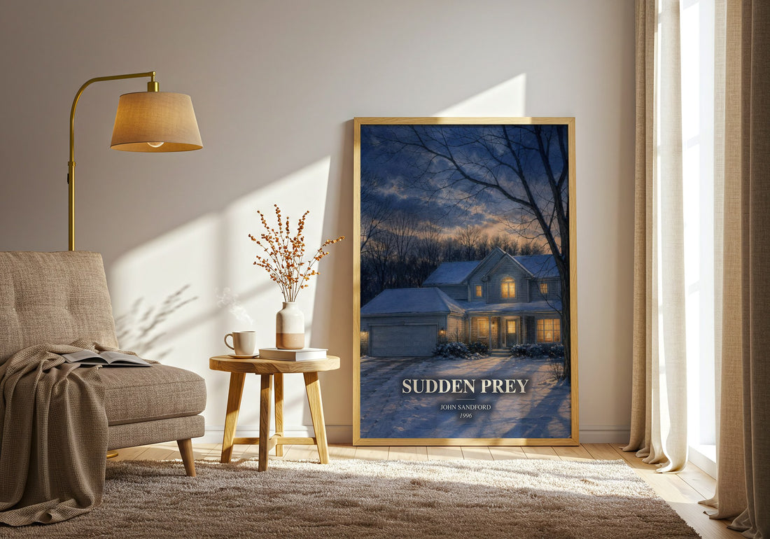 Sudden Prey watercolour print in frame leaning in hallway – thriller wall art (mockup)