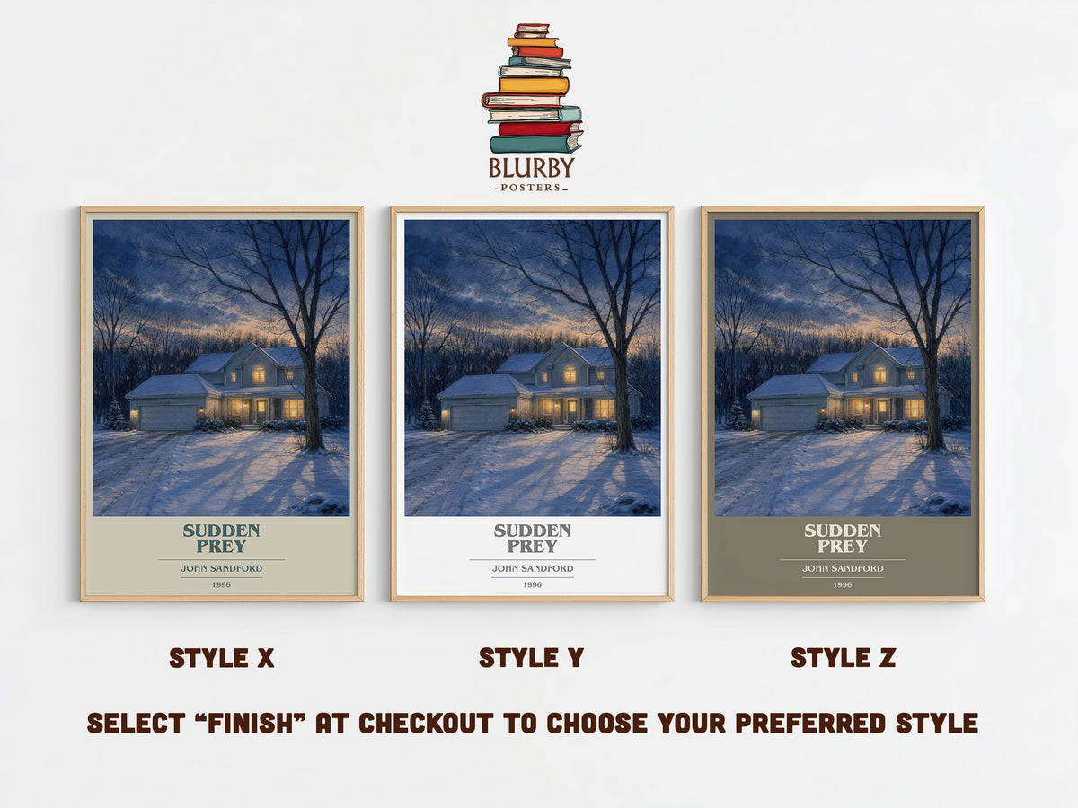 Sudden Prey book cover print in frame leaning in hallway – thriller wall art (mockup)
