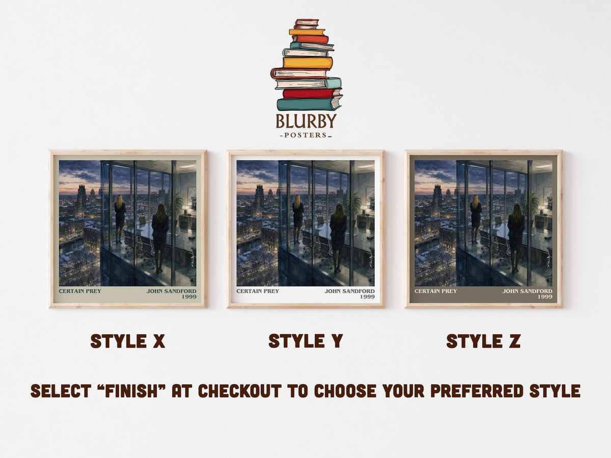 Certain Prey literary print in frame leaning in hallway – crime wall art (mockup)