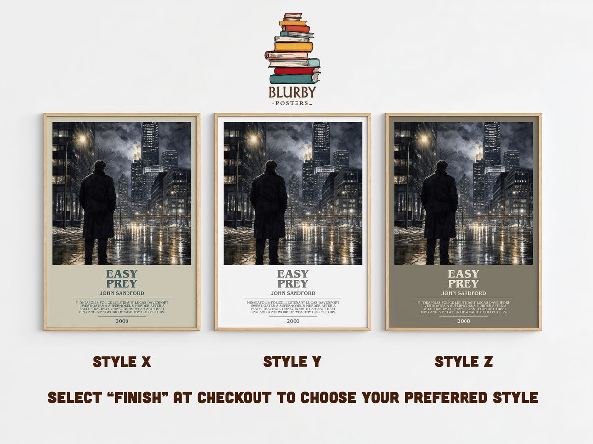 Easy Prey bookish print in frame leaning in hallway – crime wall art (mockup)