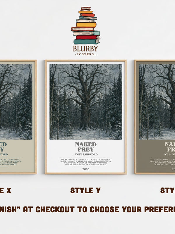 Naked Prey bookish print in frame leaning in hallway – crime wall art