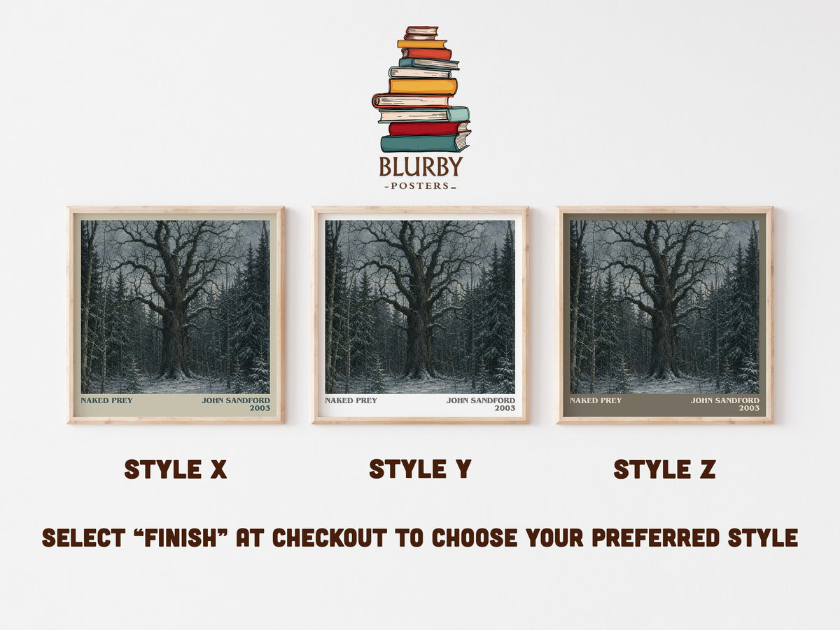 Naked Prey literary print in frame leaning in hallway – crime wall art (mockup)