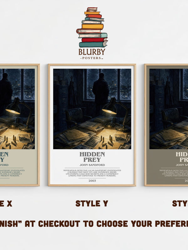 Hidden Prey bookish print in frame leaning in hallway – crime wall art