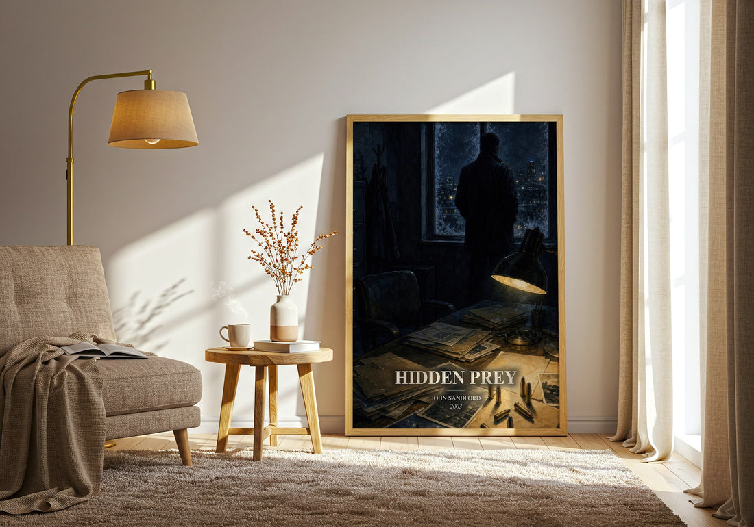 Hidden Prey watercolour print in frame leaning in hallway – crime wall art (mockup)