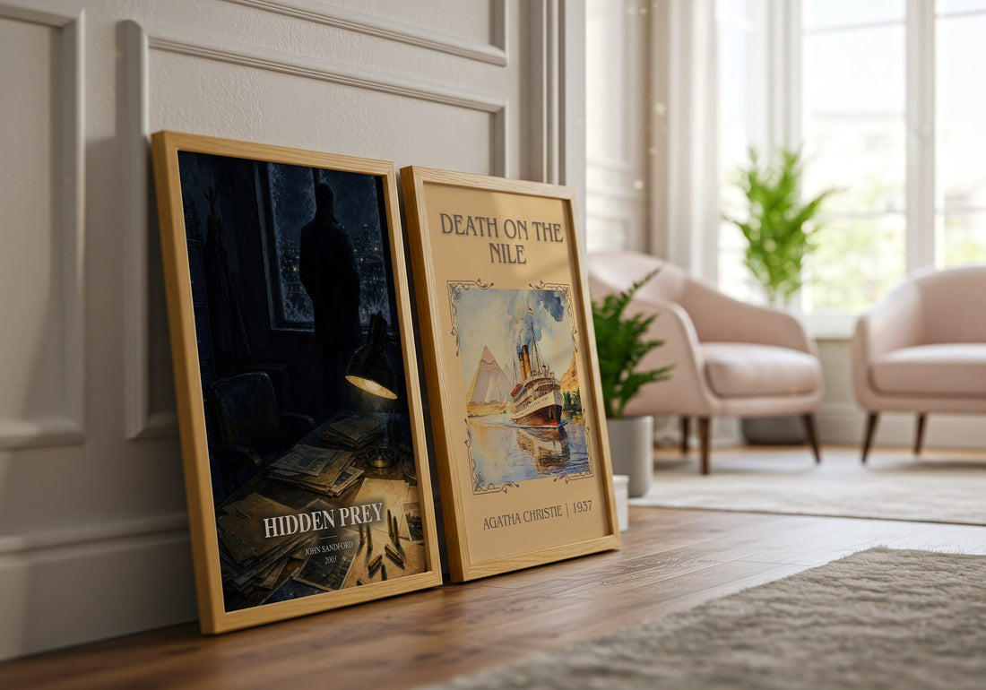 Hidden Prey watercolour print framed by window – literary home decor