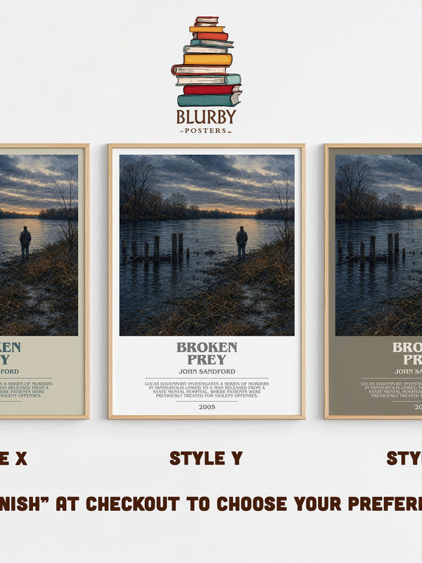 Broken Prey bookish print in frame leaning in hallway – thriller wall art