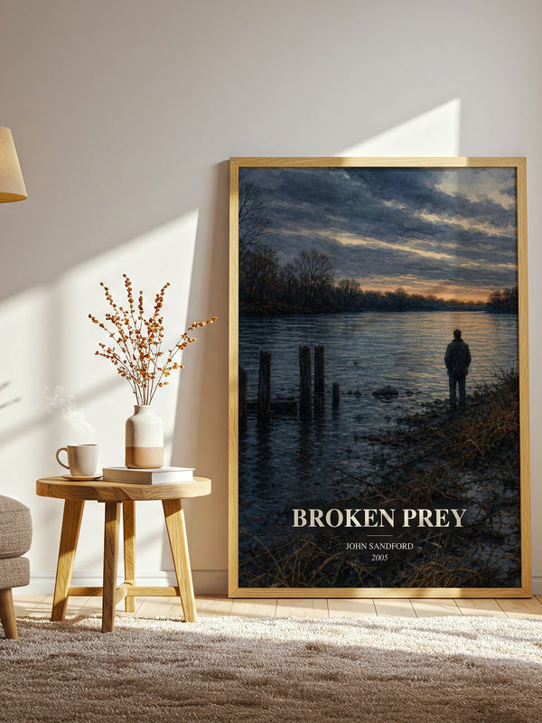 Broken Prey watercolour print in frame leaning in hallway – thriller wall art