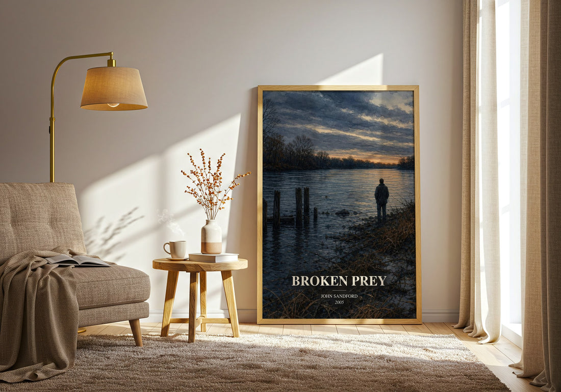 Broken Prey watercolour print in frame leaning in hallway – thriller wall art (mockup)