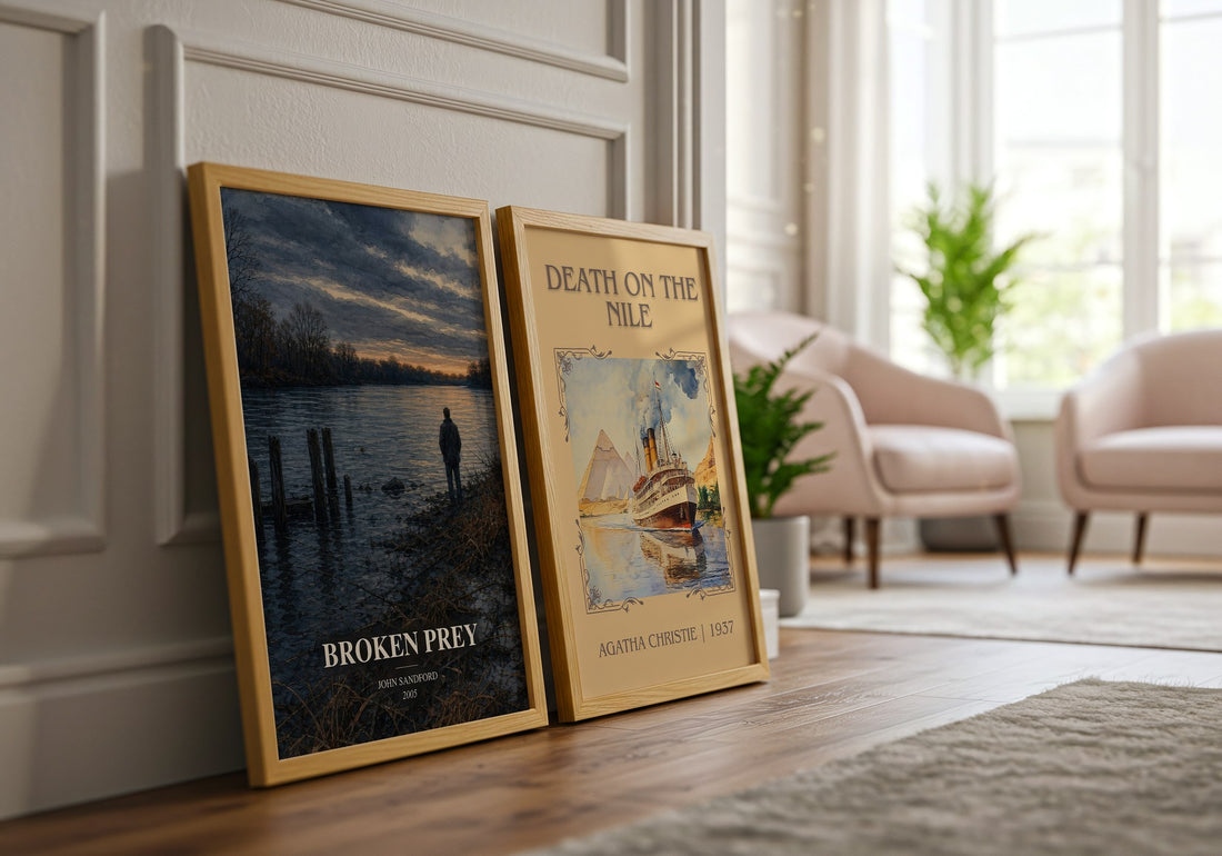 Broken Prey watercolour print framed by window – literary home decor