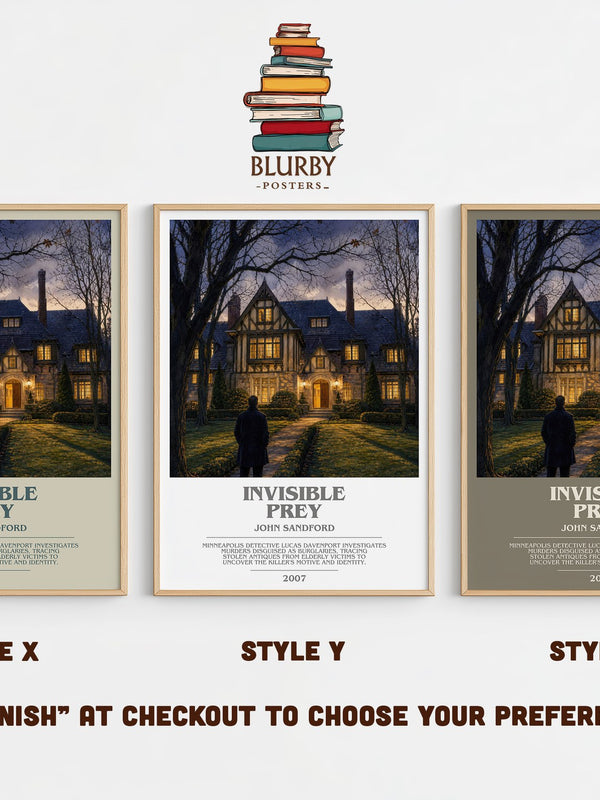 Invisible Prey bookish print in frame leaning in hallway – crime wall art