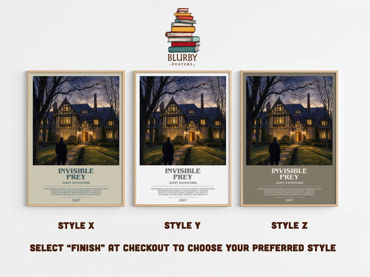 Invisible Prey bookish print in frame leaning in hallway – crime wall art (mockup)