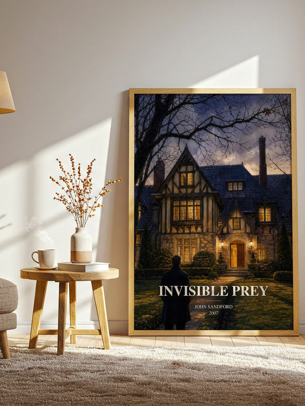 Invisible Prey watercolour print in frame leaning in hallway – crime wall art