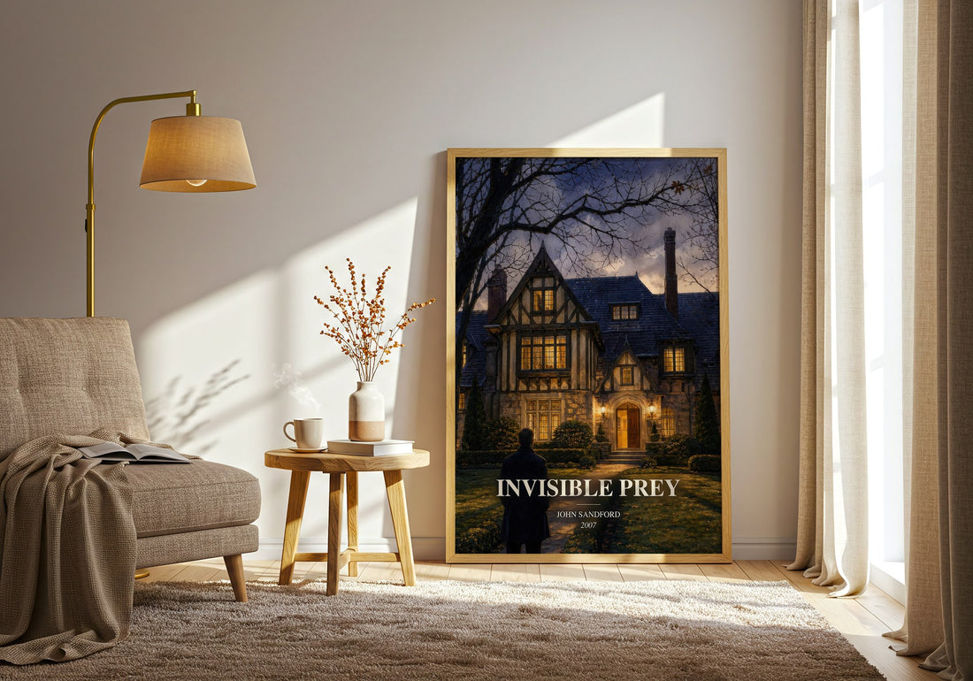 Invisible Prey watercolour print in frame leaning in hallway – crime wall art (mockup)