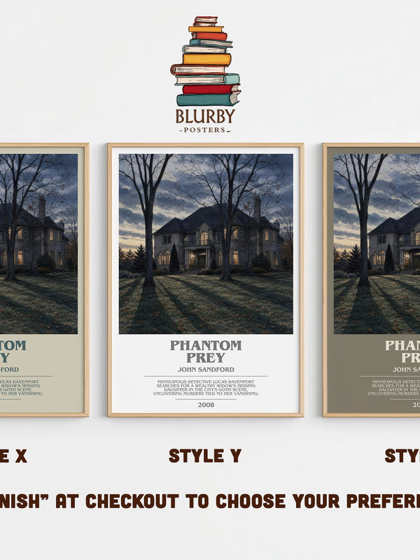 Phantom Prey bookish print in frame leaning in hallway – crime wall art