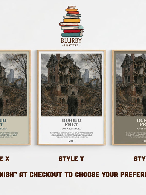 Buried Prey bookish print in frame leaning in hallway – crime wall art