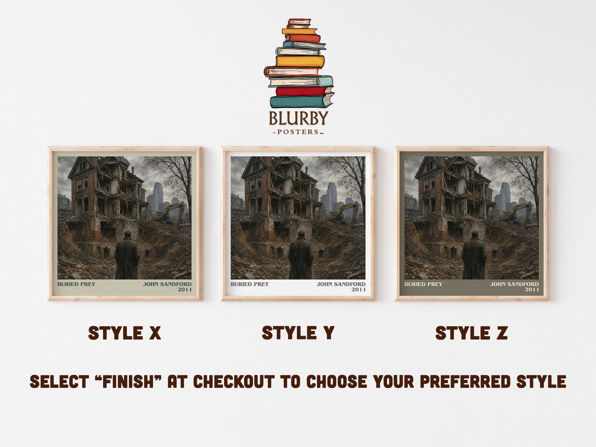 Buried Prey literary print in frame leaning in hallway – crime wall art (mockup)