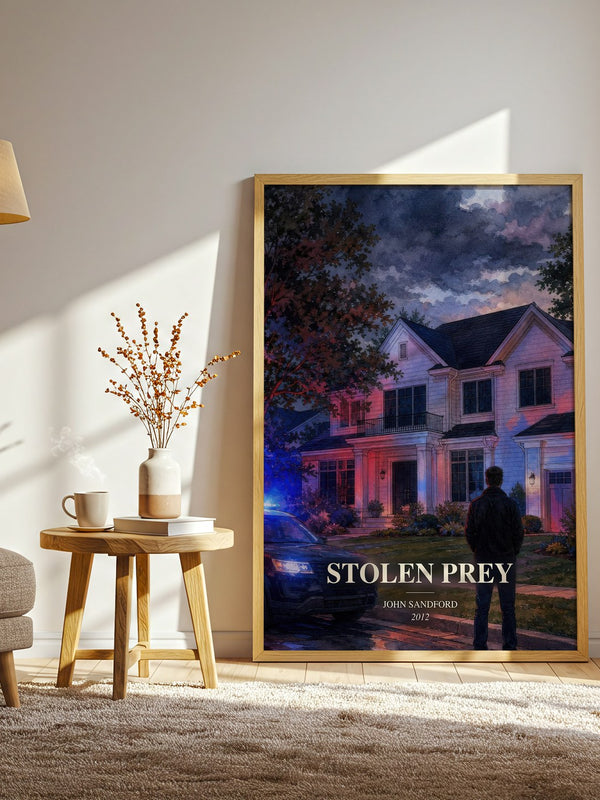 Stolen Prey watercolour print in frame leaning in hallway – crime wall art