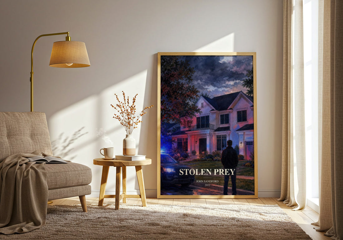 Stolen Prey watercolour print in frame leaning in hallway – crime wall art (mockup)