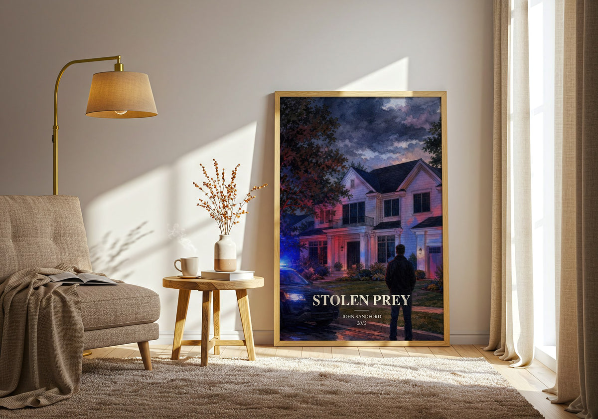 Stolen Prey watercolour print in frame leaning in hallway – crime wall art (mockup)