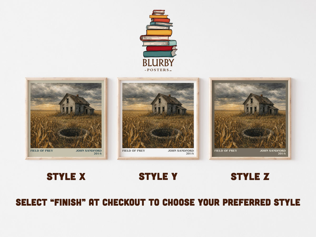 Field of Prey literary print in frame leaning in hallway – crime wall art (mockup)