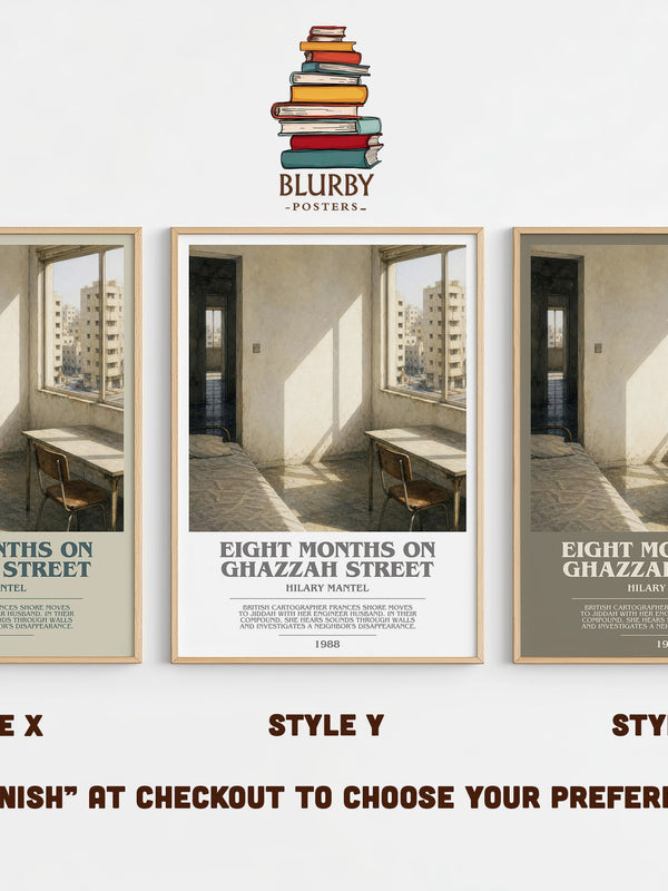 Eight Months on Ghazzah Street bookish print in frame leaning in hallway – thriller wall art