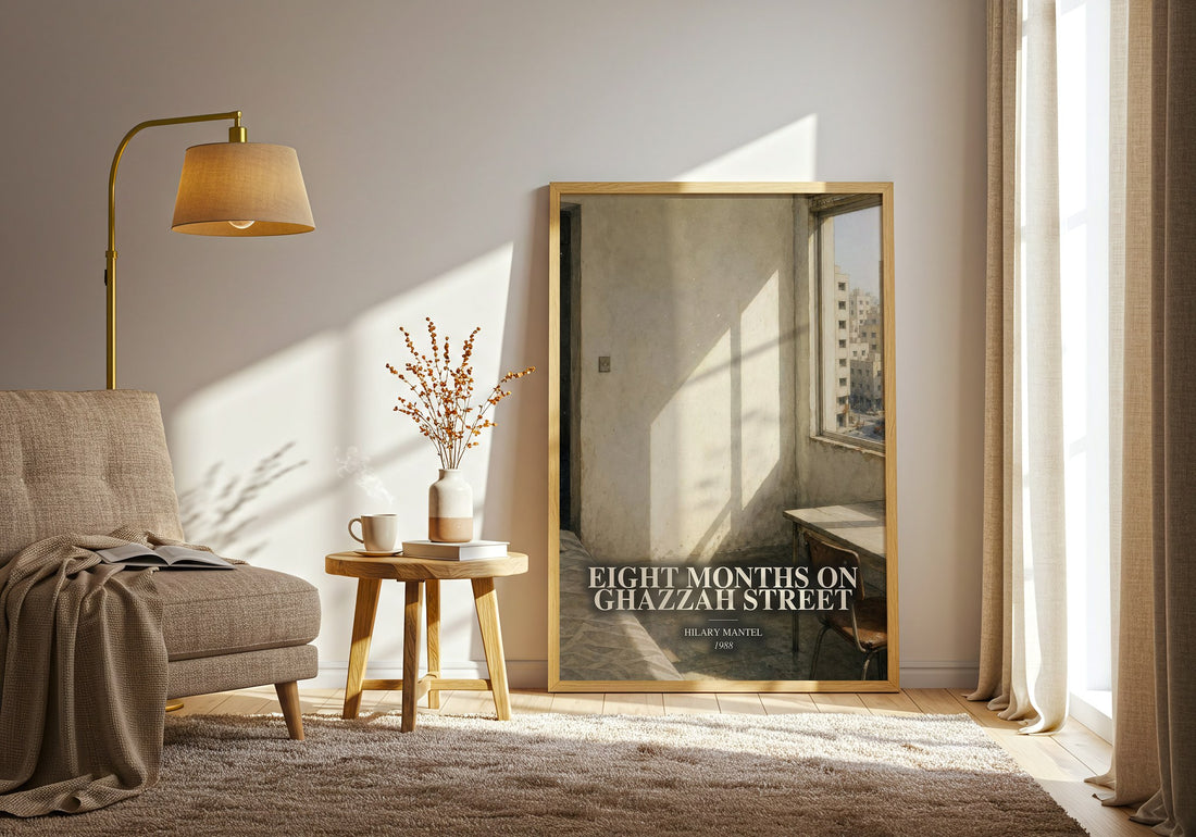 Eight Months on Ghazzah Street watercolour print in frame leaning in hallway – thriller wall art (mockup)