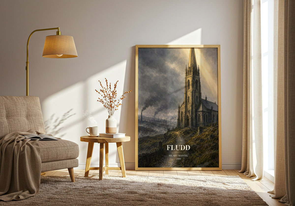 Fludd watercolour print in frame leaning in hallway – literary fiction wall art (mockup)