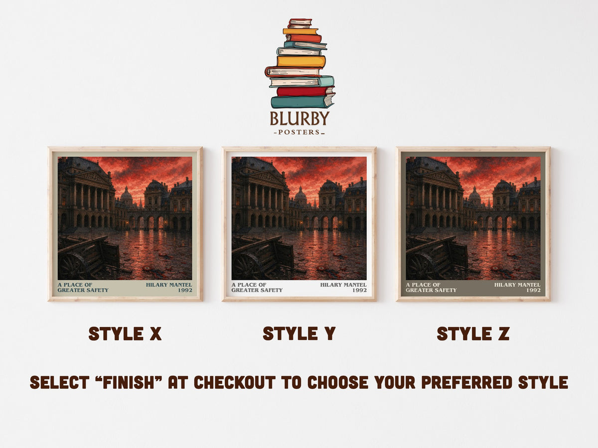A Place of Greater Safety literary print in frame leaning in hallway – historical fiction wall art (mockup)