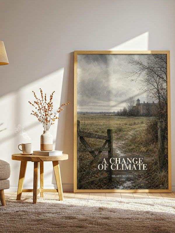 A Change of Climate watercolour print in frame leaning in hallway – literary fiction wall art