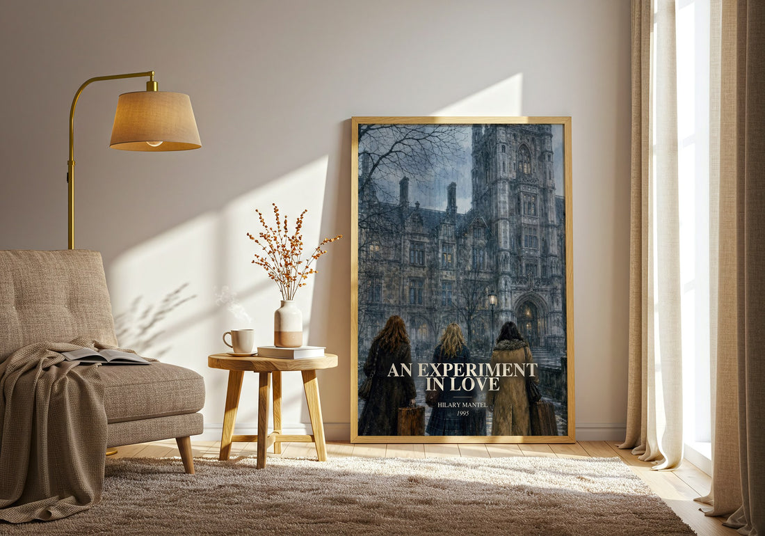 An Experiment in Love watercolour print in frame leaning in hallway – literary fiction wall art (mockup)