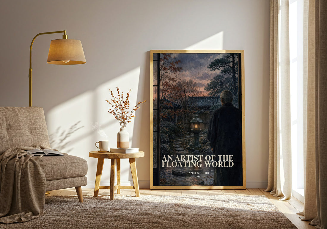 An Artist of the Floating World watercolour print in frame leaning in hallway – literary fiction wall art (mockup)
