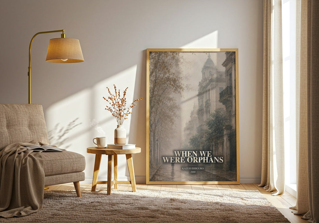 When We Were Orphans watercolour print in frame leaning in hallway – literary fiction wall art (mockup)