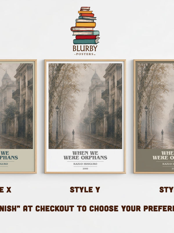 When We Were Orphans book cover print in frame leaning in hallway – literary fiction wall art