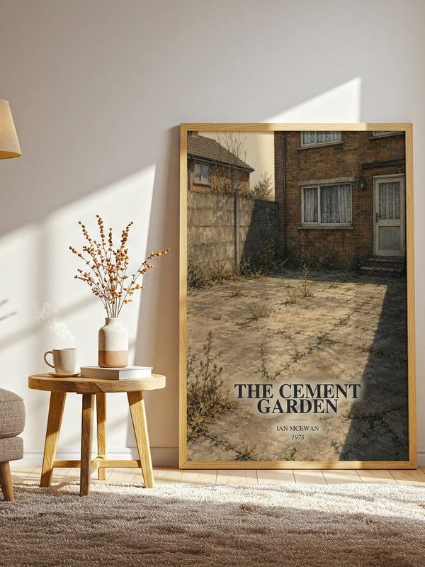 The Cement Garden watercolour print in frame leaning in hallway – literary fiction wall art