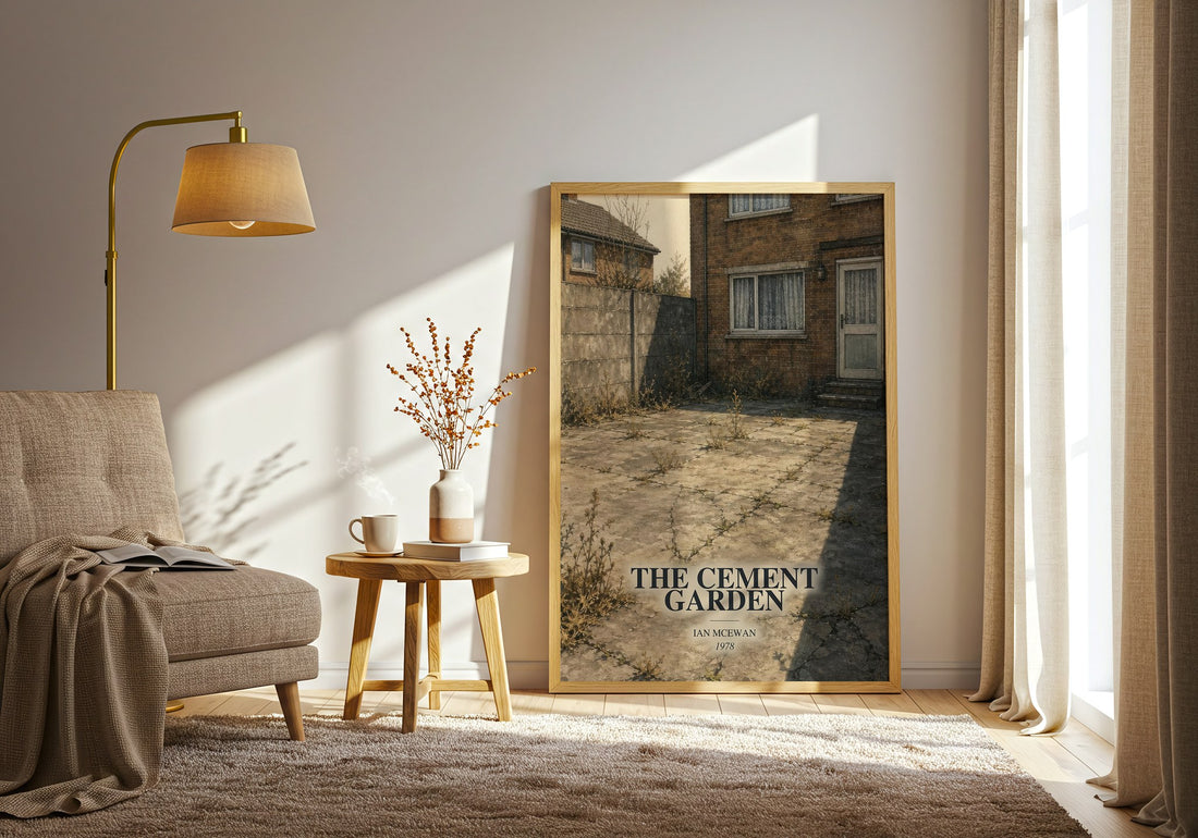 The Cement Garden watercolour print in frame leaning in hallway – literary fiction wall art (mockup)