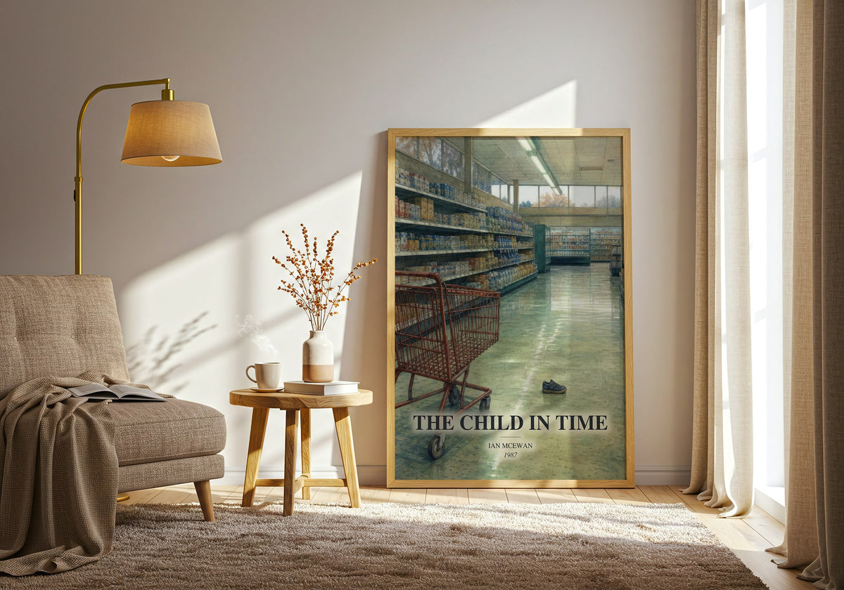 The Child in Time watercolour print in frame leaning in hallway – literary fiction wall art (mockup)