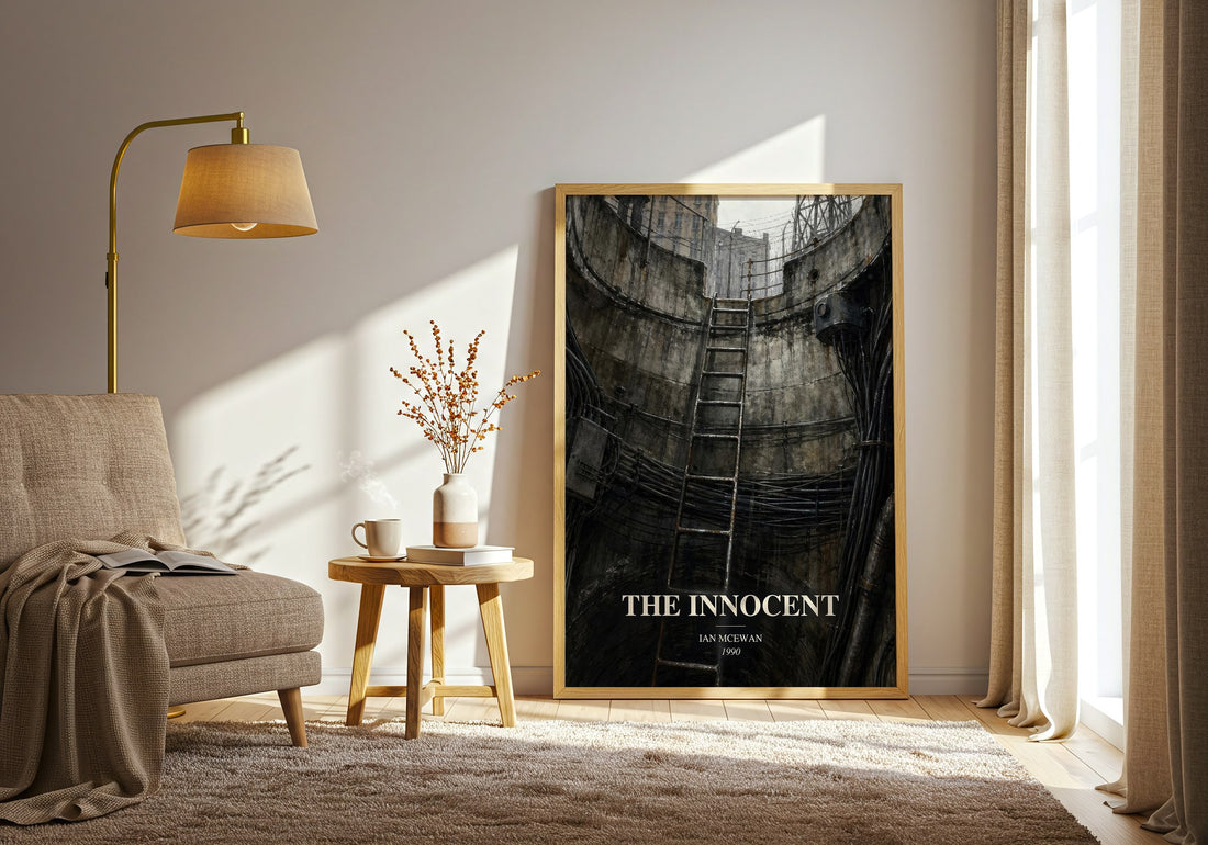 The Innocent watercolour print in frame leaning in hallway – thriller wall art (mockup)
