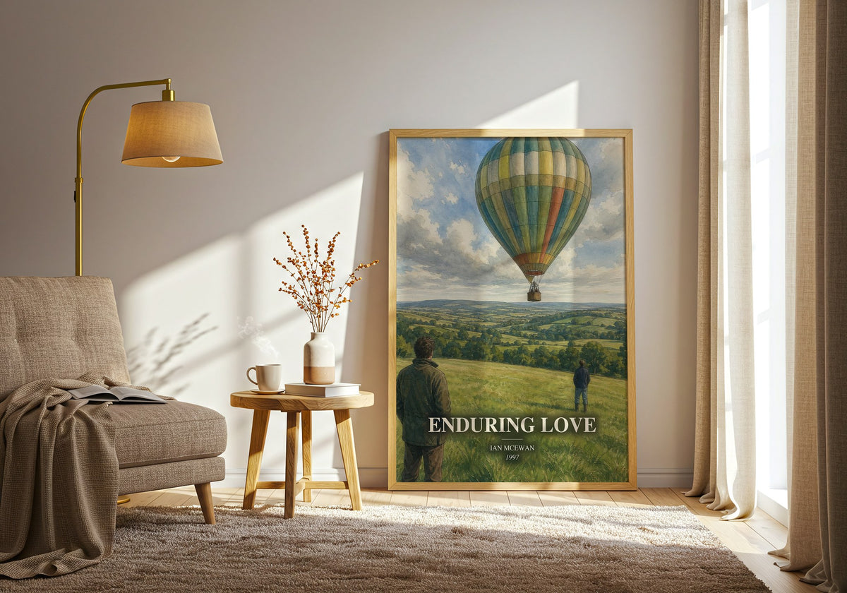 Enduring Love watercolour print in frame leaning in hallway – literary fiction wall art (mockup)