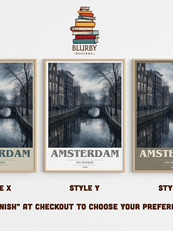 Amsterdam book cover print in frame leaning in hallway – literary fiction wall art