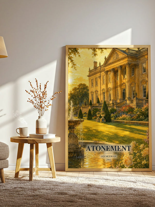 Atonement watercolour print in frame leaning in hallway – literary fiction wall art