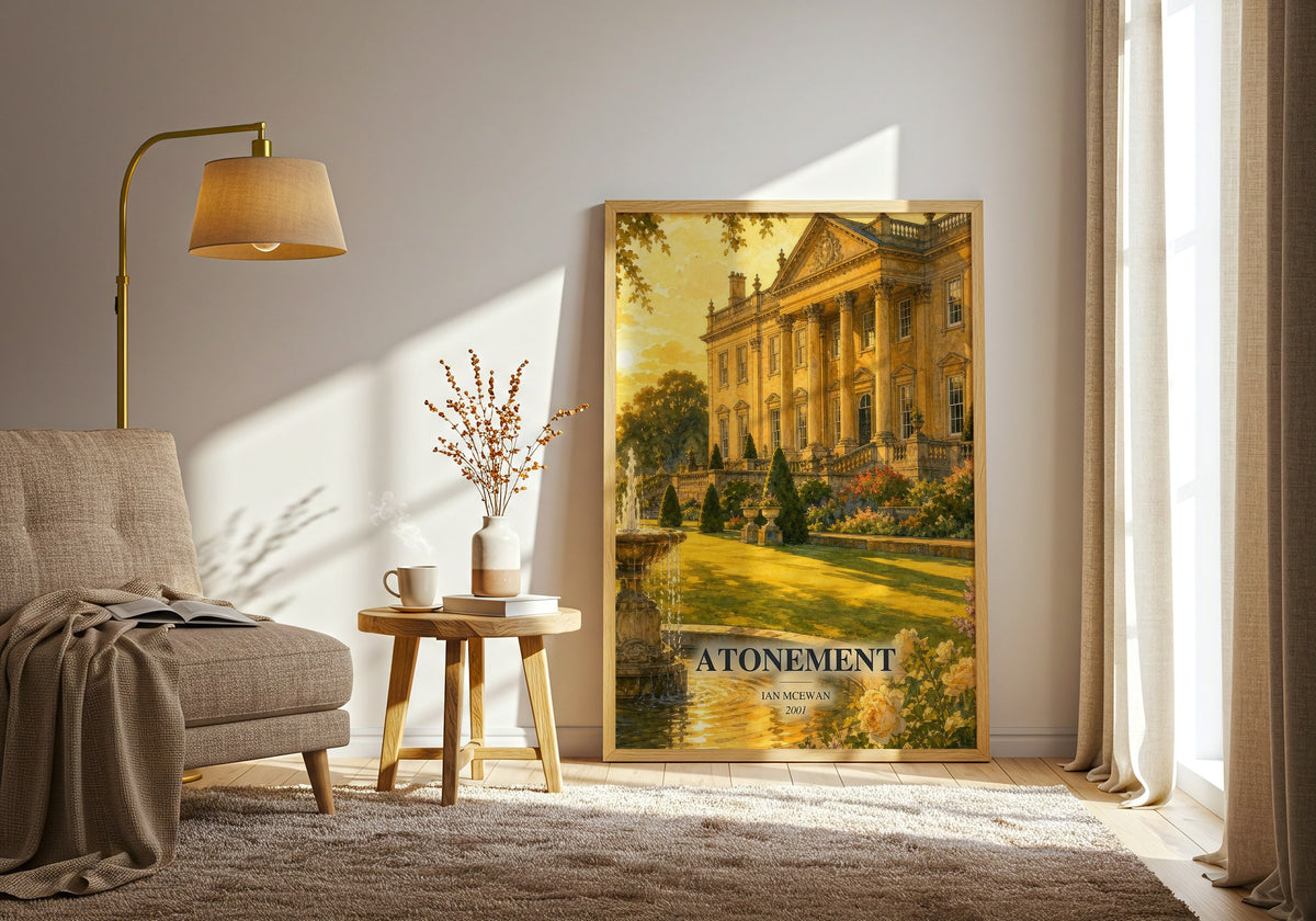 Atonement watercolour print in frame leaning in hallway – literary fiction wall art (mockup)