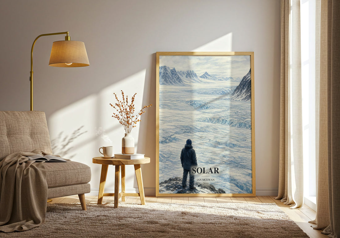 Solar watercolour print in frame leaning in hallway – satire wall art (mockup)